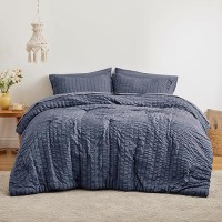 Loves Cabin Seersucker Navy Blue King Size Comforter Set 7 Pieces All Season Bedding Set King Bed In A Bag Comforter Set With