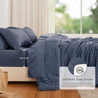 Loves Cabin Seersucker Navy Blue King Size Comforter Set 7 Pieces All Season Bedding Set King Bed In A Bag Comforter Set With