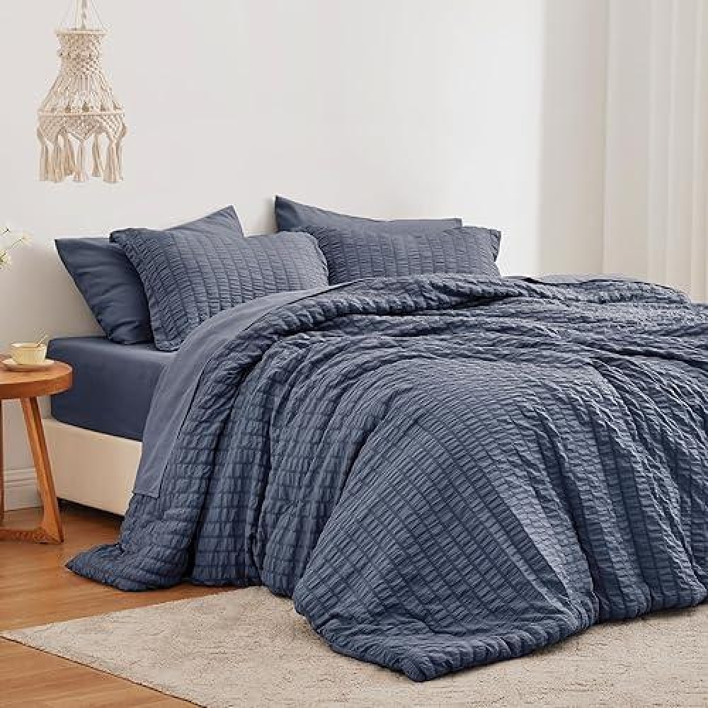 Loves Cabin Seersucker Navy Blue Queen Comforter Set 7 Pieces All Season Bedding Set Queen Bed In A Bag Comforter Set With Co