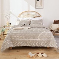 Janzaa King Quilt Boho Bedding King Bedspreads Oatmeal Quilt 3Pcs With 2 Pillow Cases Reversible Coverlet Bedding Set For All Se