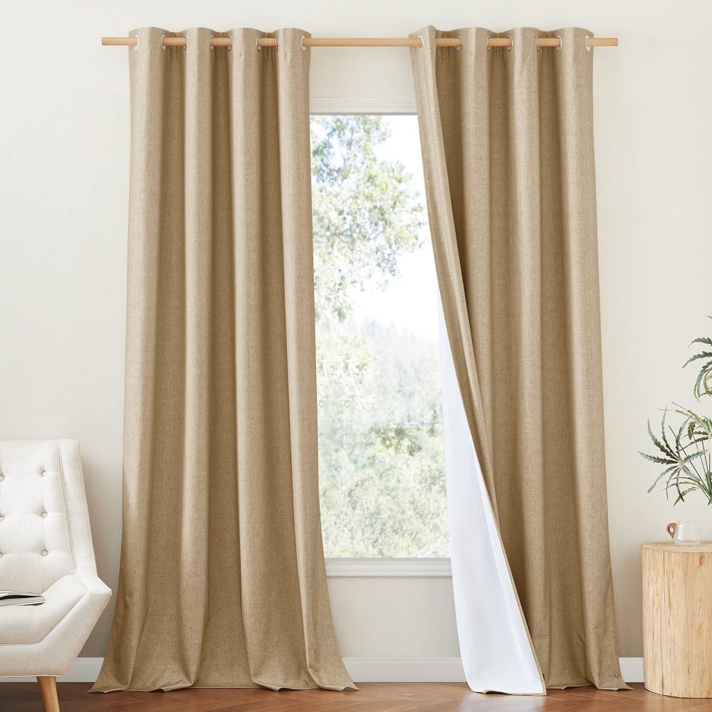 Nicetown 100 Absolutely Blackout Linen Curtains With Thermal Insulated White Liner Camel W52 X L90 2 Panels Textured Linen