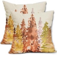 Rustic Fall Pillow Covers 22X22 Set Of 2 Watercolor Tree Autumn Color Nature Themed Style Burnt Orange Yellow Forest Print Decor