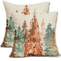 Fall Color Pillow Covers 22X22 Set Of 2 Rustic Style Watercolor Tree Brown Blue Orange Autumn Nature Themed Forest Print Decorat