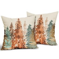 Fall Color Pillow Covers 22X22 Set Of 2 Rustic Style Watercolor Tree Brown Blue Orange Autumn Nature Themed Forest Print Decorat