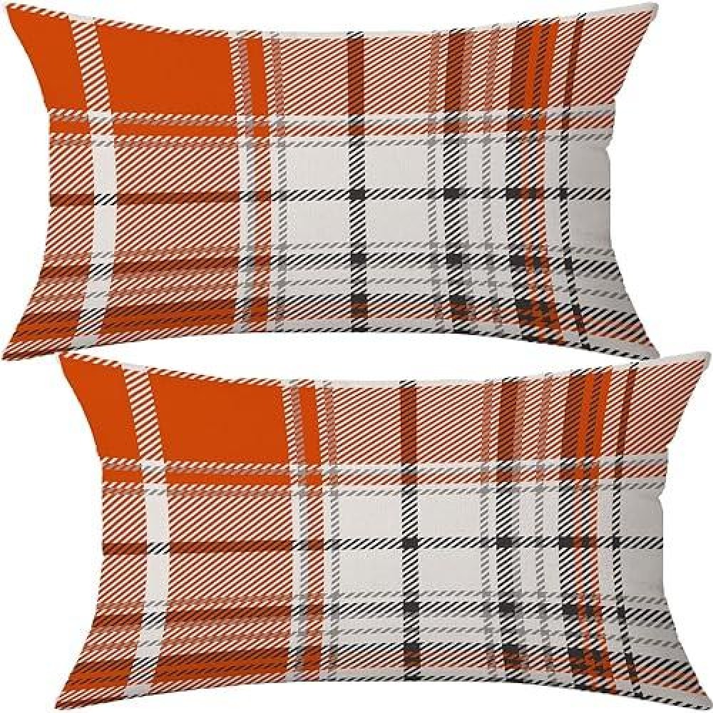 Aofanggo Set Of 2 Fall Pillow Covers Autumn Decorative Throw Pillow Cases 20X20 Inch Orange Plaids Cushion Covers Faux Linen Far