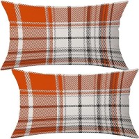 Aofanggo Set Of 2 Fall Pillow Covers Autumn Decorative Throw Pillow Cases 20X20 Inch Orange Plaids Cushion Covers Faux Linen Far