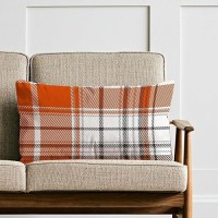 Aofanggo Set Of 2 Fall Pillow Covers Autumn Decorative Throw Pillow Cases 20X20 Inch Orange Plaids Cushion Covers Faux Linen Far