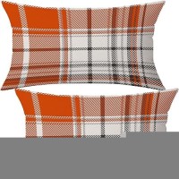 Aofanggo Set Of 2 Fall Pillow Covers Autumn Decorative Throw Pillow Cases 12X20 Inch Orange Plaids Cushion Covers Faux Linen Far