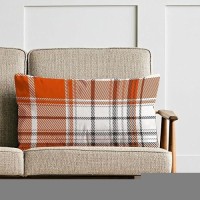 Aofanggo Set Of 2 Fall Pillow Covers Autumn Decorative Throw Pillow Cases 12X20 Inch Orange Plaids Cushion Covers Faux Linen Far