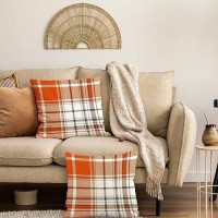 Aofanggo Set Of 2 Fall Pillow Covers Autumn Decorative Throw Pillow Cases 18X18 Inch Orange Plaids Cushion Covers Faux Linen Far