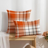 Aofanggo Set Of 2 Fall Pillow Covers Autumn Decorative Throw Pillow Cases 18X18 Inch Orange Plaids Cushion Covers Faux Linen Far