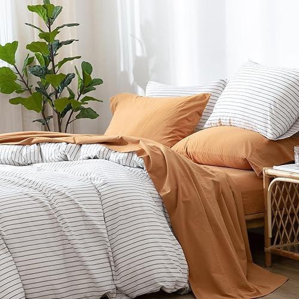 Moomee Bedding Sheet Set 100 Washed Cotton Linen Like Textured Breathable Durable Soft Comfy Burnt Orange King