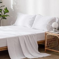 Moomee Bedding Sheet Set 100 Washed Cotton Linen Like Textured Breathable Durable Soft Comfy Bright White Queen