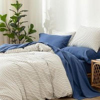 Moomee Bedding Sheet Set 100 Washed Cotton Linen Like Textured Breathable Durable Soft Comfy Navy Blue Queen