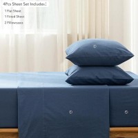 Moomee Bedding Sheet Set 100 Washed Cotton Linen Like Textured Breathable Durable Soft Comfy Navy Blue Queen