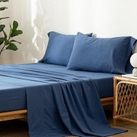 Moomee Bedding Sheet Set 100 Washed Cotton Linen Like Textured Breathable Durable Soft Comfy Navy Blue Queen