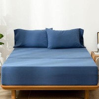 Moomee Bedding Sheet Set 100 Washed Cotton Linen Like Textured Breathable Durable Soft Comfy Navy Blue Queen