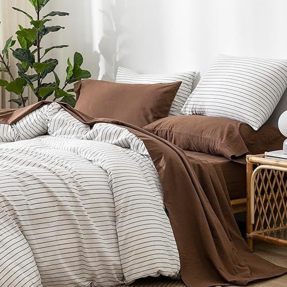 Moomee Bedding Sheet Set 100 Washed Cotton Linen Like Textured Breathable Durable Soft Comfy Cocoa Brown Queen