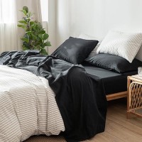 Moomee Bedding Sheet Set 100 Washed Cotton Linen Like Textured Breathable Durable Soft Comfy Black Full