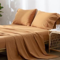 Moomee Bedding Sheet Set 100 Washed Cotton Linen Like Textured Breathable Durable Soft Comfy Burnt Orange Queen