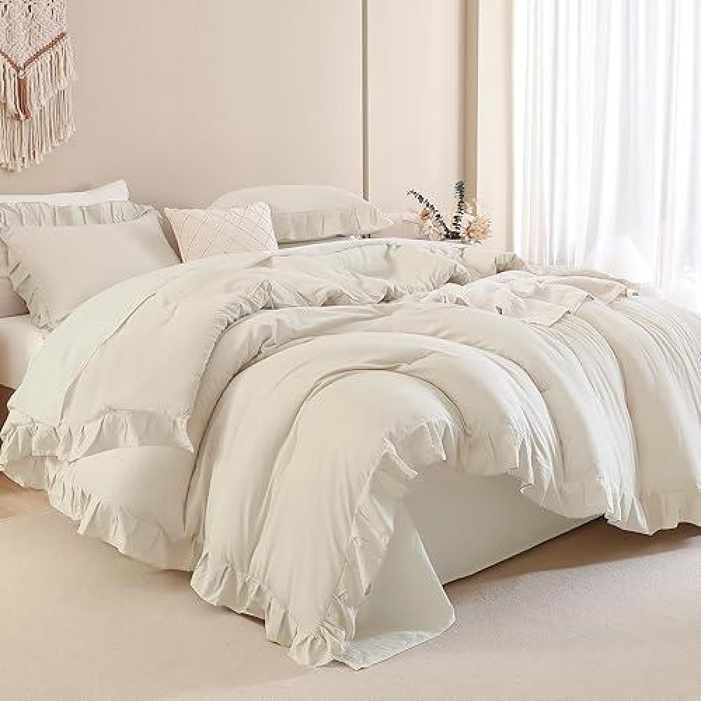 Andency Beige Comforter Set Full Size 3 Pieces Solid Ruffle Vintage Rustic Soft Bedding Comforter Sets All Season Lightweight