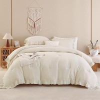 Andency Beige Comforter Set Full Size 3 Pieces Solid Ruffle Vintage Rustic Soft Bedding Comforter Sets All Season Lightweight