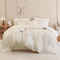 Andency Beige Comforter Set Full Size 3 Pieces Solid Ruffle Vintage Rustic Soft Bedding Comforter Sets All Season Lightweight