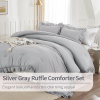 Andency Silver Gray Comforter Set Full Size 3 Pieces Solid Ruffle Shabby Chic Bedding Comforter Sets All Season Lightweight Fl