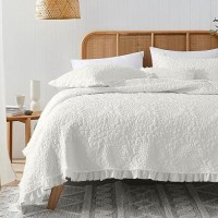 Horimote Home Cream White Ruffled Quilt Twin Size  Stone-Washed Microfiber Lightweight Crinkled Farmhouse Rustic Shabby Chic Bedding Set  2 Pieces Reversible Bedspread With Pillow Sham For All Season