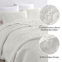 Horimote Home Cream White Ruffled Quilt Twin Size  Stone-Washed Microfiber Lightweight Crinkled Farmhouse Rustic Shabby Chic Bedding Set  2 Pieces Reversible Bedspread With Pillow Sham For All Season