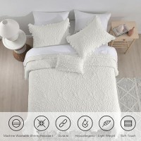 Horimote Home Cream White Ruffled Quilt Twin Size  Stone-Washed Microfiber Lightweight Crinkled Farmhouse Rustic Shabby Chic Bedding Set  2 Pieces Reversible Bedspread With Pillow Sham For All Season