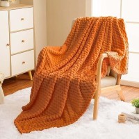 Vessia Flannel Fleece Queen Size Bed Blanket(90X90 Inch)  3D Jacquard Burnt Orange Fuzzy And Warm Blanket For Adults  300Gsm Super Soft Touch Cozy Lightweight Bed Blanket For All-Season Home Decor