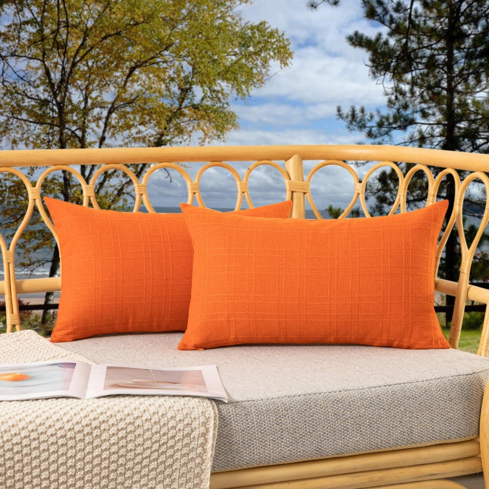 Kevin Textile Outdoor Waterproof Throw Pillow Covers Decorative Farmhouse Water Resistant Checkered Cushion Covers For Tent Patio Garden Couch Sofa Pack Of 2, 12X20 Inch Orange
