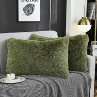 Werdim Shaggy Fluffy Faux Fur Pillowcases 2 Pack Button Closure Velvet Pillow Shams King Size Sage Green 20 X 36 Inches