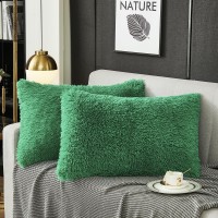 Werdim Shaggy Fluffy Faux Fur Pillowcases 2 Pack Button Closure Velvet Pillow Shams King Size Emerald Green 20 X 36 Inches