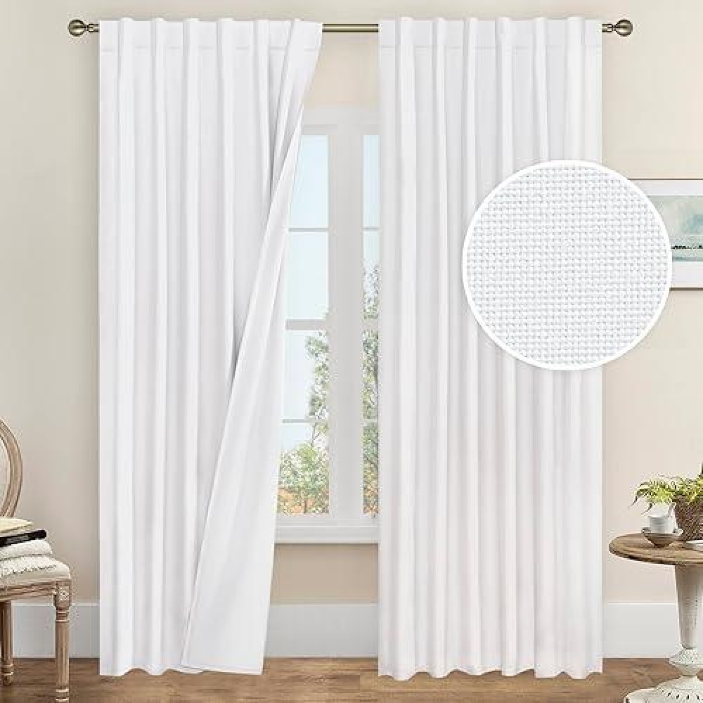 Lamit 100 Black Out Curtains For Living Room 90 Inches Linen Textured Thermal Insulated Bedroom Curtains Back Tab And Rod Pock