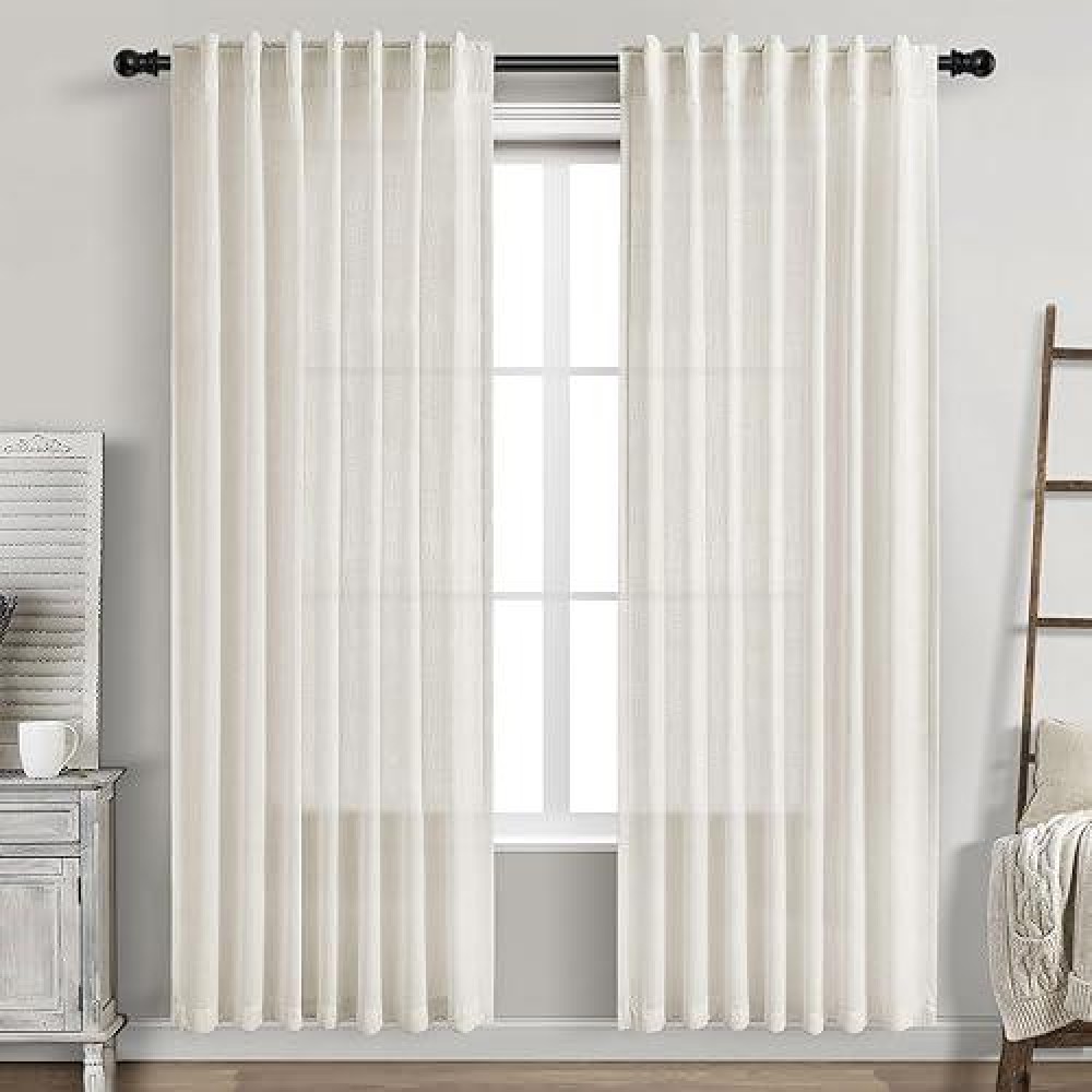 Cream Linen Curtains 80 Inch Length For Bedroom Back Tab Light Filtering Privacy Sheer Cream Curtains Modern Farmhouse Coastal D