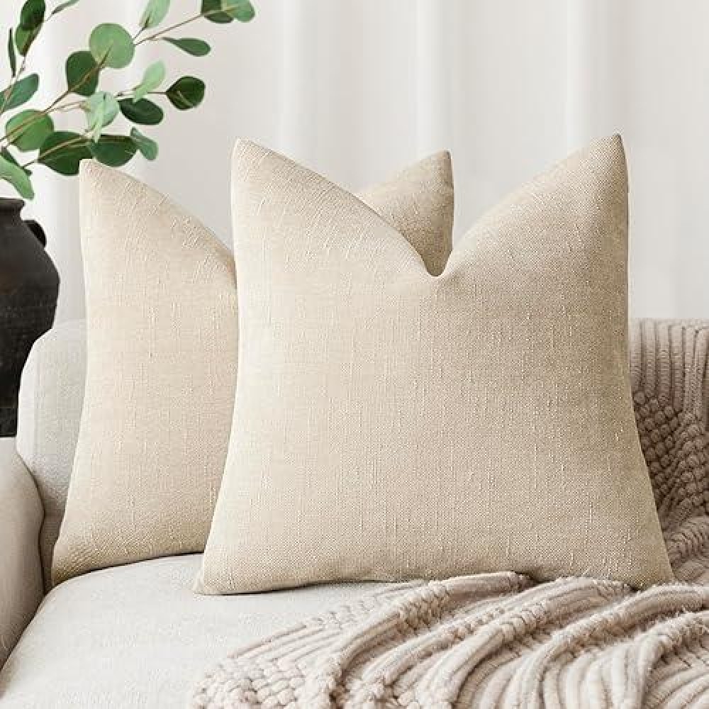 Foindtower Pack Of 2 Soft Textured Throw Decorative Pillow Covers Square Accent Solid Cushion Cover Cozy Neutral Farmhouse Pillow Case For Couch Sofa Bedroom Living Room 18X18 Inch  Beige