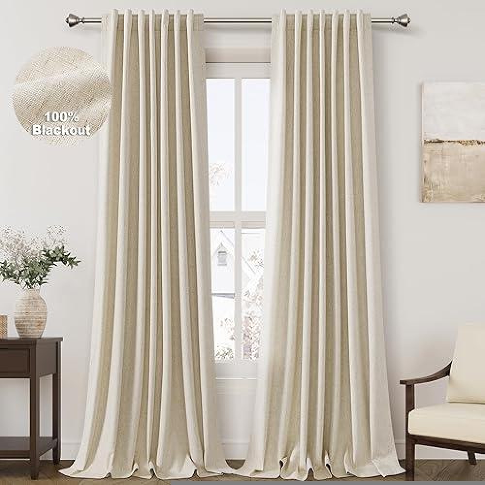 Tan Beige Linen Blackout 120 Inch Curtains For Living Room 2 Panels Set Back Tab Textured Linen Drapes Farmhouse Thermal Insulated Long Blackout Curtains 120 Length High Ceiling To Floor 10 Feet