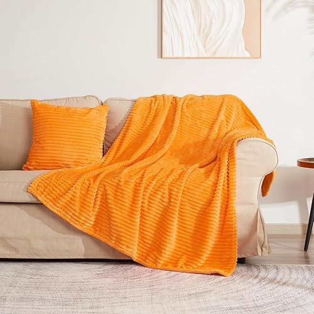 Vessia Flannel Fleece Orange Throw Blanket(50X71 Inch) For Couch With Pillow Cover(18*18 Inch)  Stripe Pattern Blanket Throw  Warm Cozy Soft Bed Blanket  Microfiber Ribbed Sofa Blanket For All Season