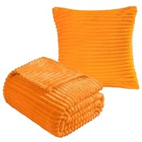 Vessia Flannel Fleece Orange Throw Blanket(50X71 Inch) For Couch With Pillow Cover(18*18 Inch)  Stripe Pattern Blanket Throw  Warm Cozy Soft Bed Blanket  Microfiber Ribbed Sofa Blanket For All Season