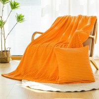 Vessia Flannel Fleece Orange Throw Blanket(50X71 Inch) For Couch With Pillow Cover(18*18 Inch)  Stripe Pattern Blanket Throw  Warm Cozy Soft Bed Blanket  Microfiber Ribbed Sofa Blanket For All Season