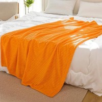 Vessia Flannel Fleece Orange Throw Blanket(50X71 Inch) For Couch With Pillow Cover(18*18 Inch)  Stripe Pattern Blanket Throw  Warm Cozy Soft Bed Blanket  Microfiber Ribbed Sofa Blanket For All Season