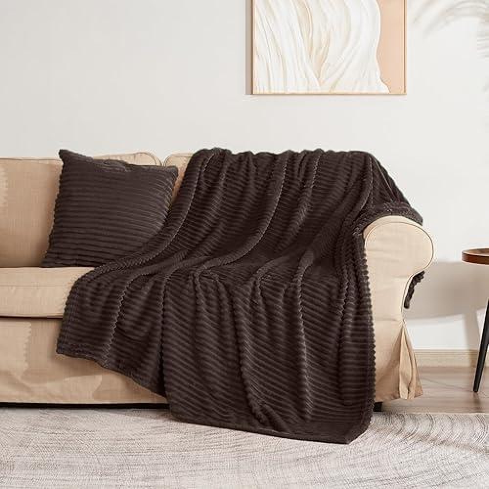 Vessia Flannel Fleece Brown Throw Blanket(50X71 Inch) For Couch With Pillow Cover(18*18 Inch)  Stripe Pattern Blanket Throw  Warm Cozy Soft Bed Blanket  Microfiber Ribbed Sofa Blanket For All Season