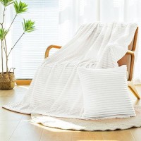 Vessia Flannel Fleece White Throw Blanket(50X71 Inch) For Couch With Pillow Cover(18*18 Inch)  Stripe Pattern Blanket Throw  Warm Cozy Soft Bed Blanket  Microfiber Ribbed Sofa Blanket For All Season