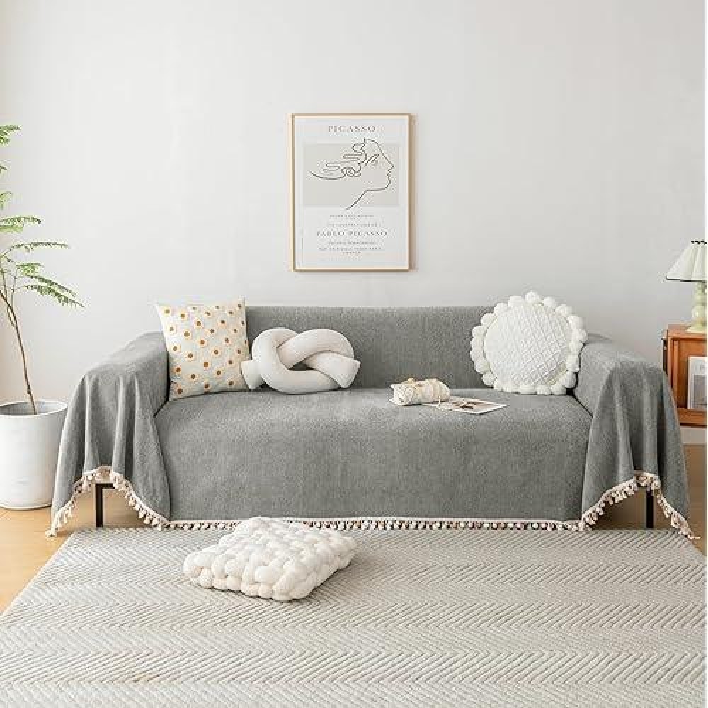 Handontime Couch Slipcovers For Sofas Dark Grey Couch Cover Sofa Cover For Dogs Boho Pet Couch Protector With Tassel Couch Throw