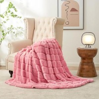 Cozy Bliss Faux Fur Throw Blanket For Couch Cozy Warm Plush Striped Blanket For Sofa Bedroom Living Room Pink