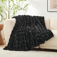 Cozy Bliss Faux Fur Throw Blanket For Couch Cozy Warm Plush Striped Blanket For Sofa Bedroom Living Room Black