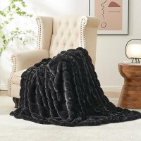 Cozy Bliss Faux Fur Throw Blanket For Couch Cozy Warm Plush Striped Blanket For Sofa Bedroom Living Room Black