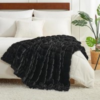 Cozy Bliss Faux Fur Throw Blanket For Couch Cozy Warm Plush Striped Blanket For Sofa Bedroom Living Room Black